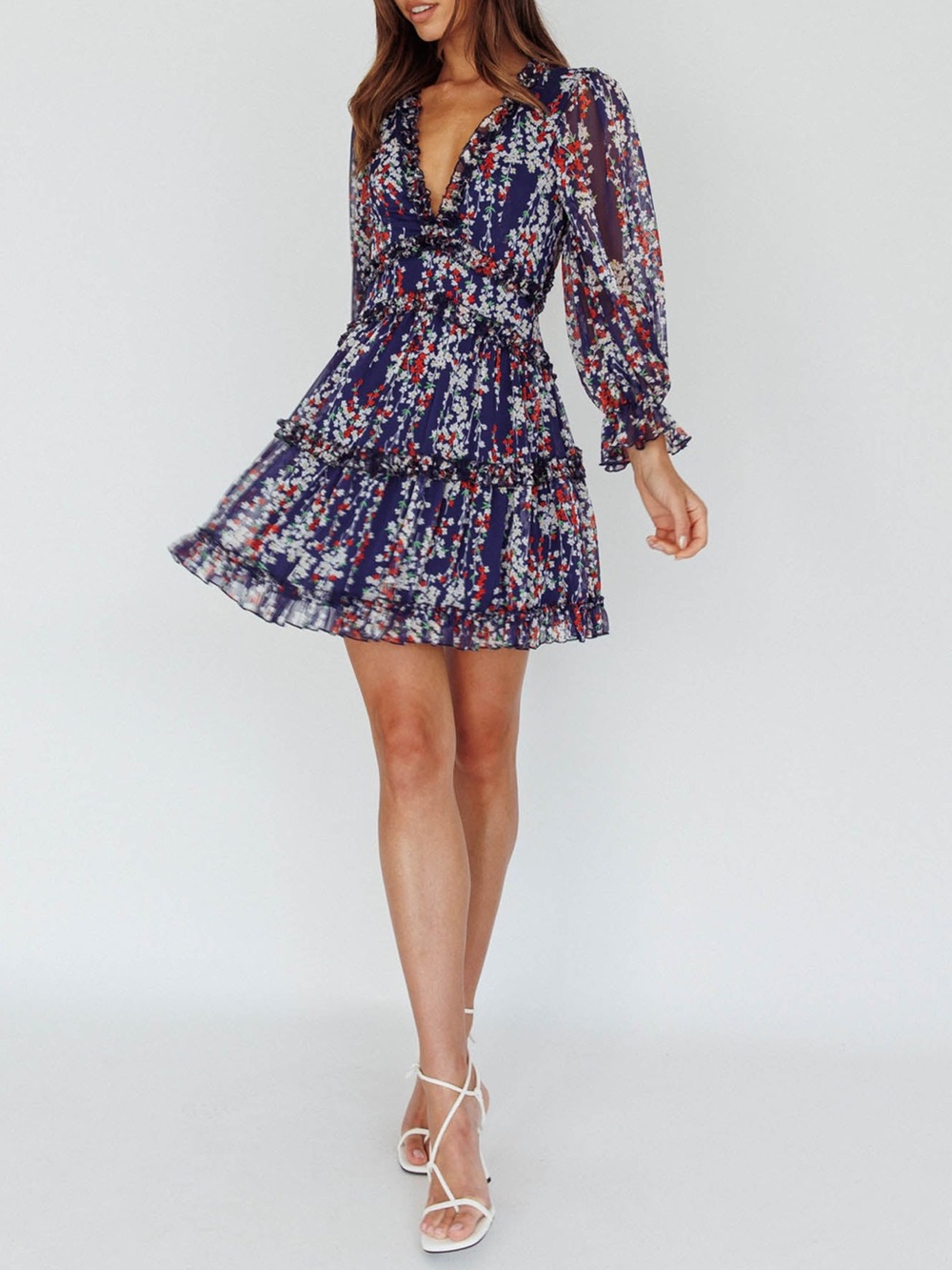 Saints + Secrets Navy Floral Ruffle Tiered Mini Dress Sz S